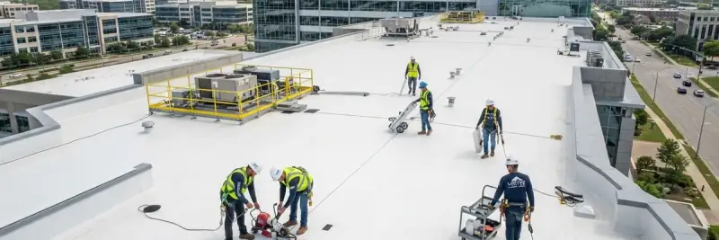 Crew in high-visibility vests working on seams in a large white single-ply membrane flat roof, with office buildings behind