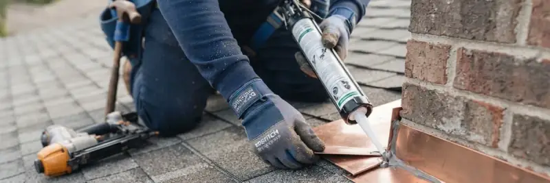 Roofer applying sealant along new copper step flashing where an asphalt shingle roof meets a brick chimney