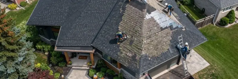 Aerial view of a house mid-reroof, part of the old shingle roof stripped back to the decking with a crew working across the slope