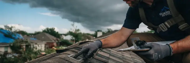 Roofer in a safety harness lifting a damaged shingle to check beneath it, under a dark sky, with a blue-tarped roof on a house behind